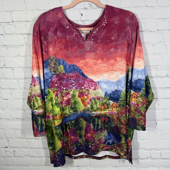 VTG Alfred Dunner Blouse Women Plus 1X Artsy Wacky Beaded Novelty Stretch Top - Picture 1 of 9